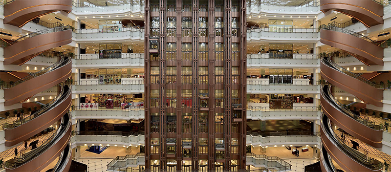 A wide image of Mitsubishi Electric spiral escalators