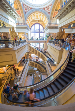 A top-down photo of the spiral escalator in the Forum Shops at Caesars Palace in Las Vegas.